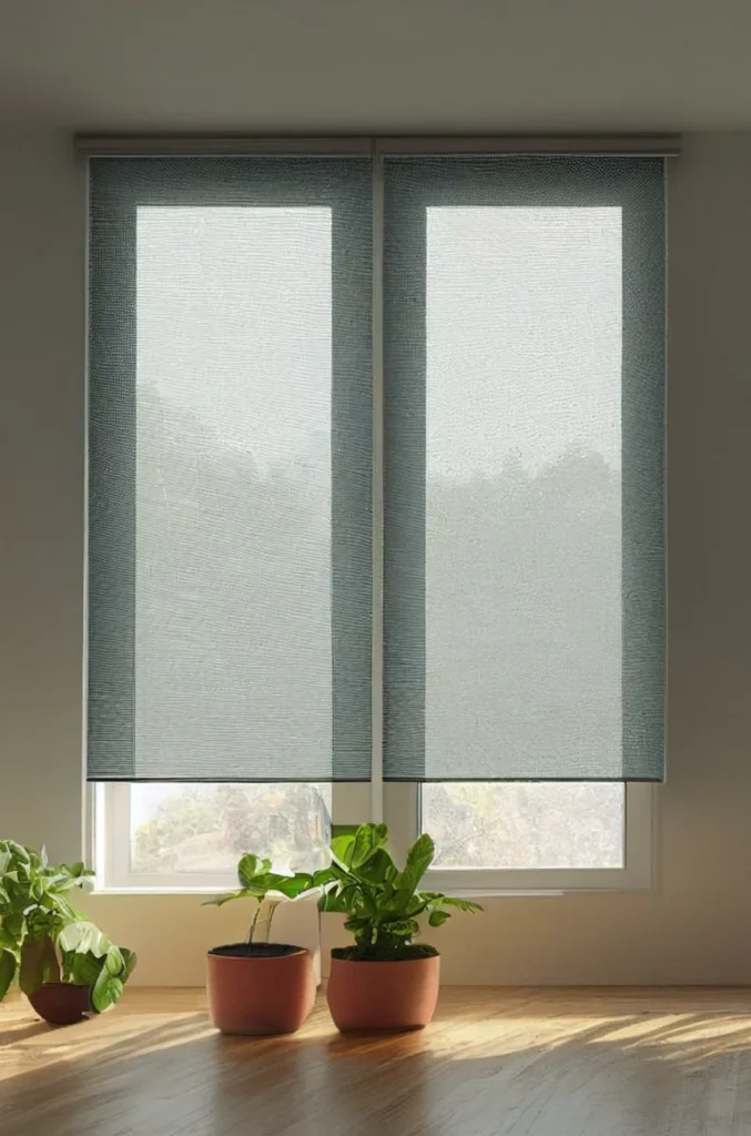 Two tall, narrow windows with interior roller shades that provide shade and privacy.