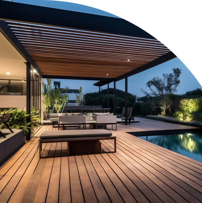 Wooden patio and pool area with a custom-built roof structure covering it.