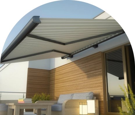 Retractable roof awning affixed to the outside of a home in Austin.