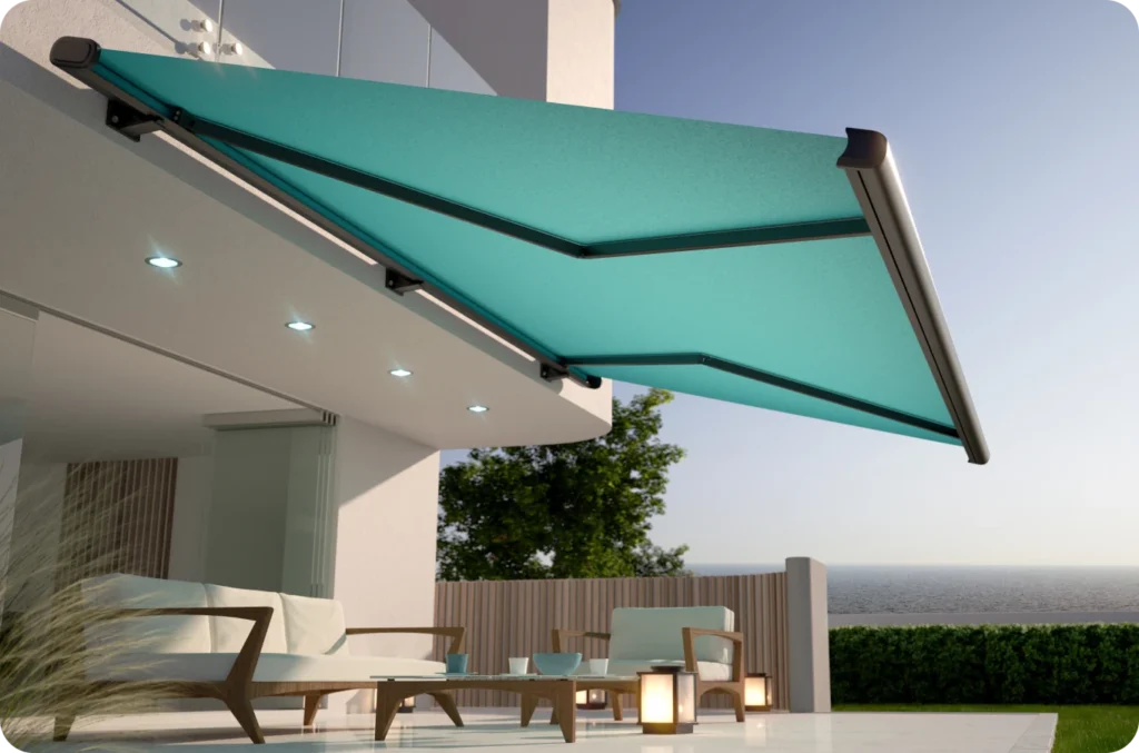 Modern retractable awning attached directly to a home.