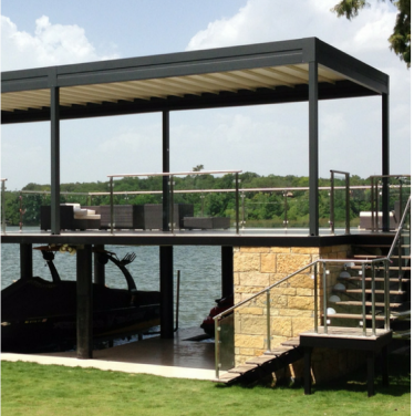 Luxurious boat dock with custom shading solutions installed by Texas Sun & Shade.
