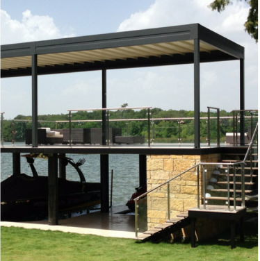 Luxurious boat dock with custom shading solutions installed by Texas Sun & Shade.