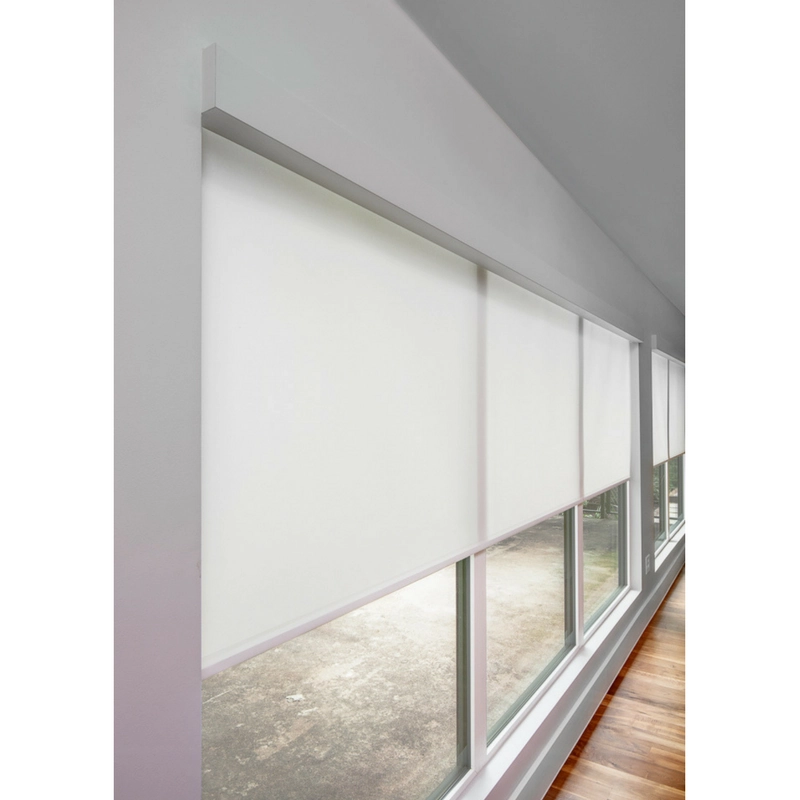 Sleek, white privacy shades, half-lowered on the windows of a hallway.