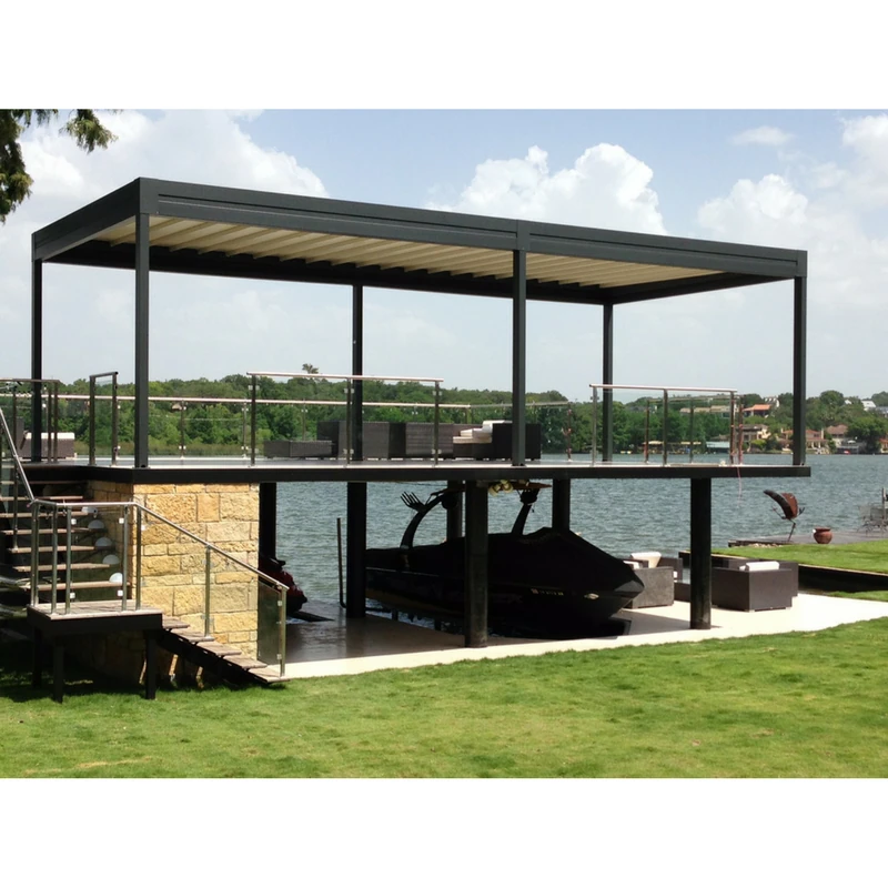 Roof structure on top of a two-story boat dock, installed by Texas Sun & Shade.