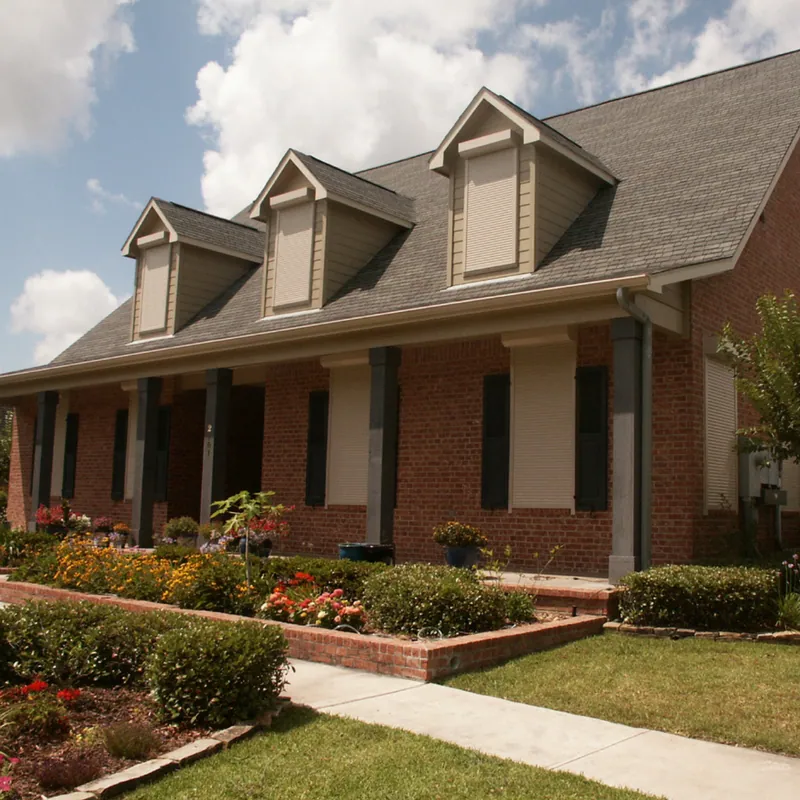 Front of a home with luxurious, custom-built shutters on all seven front windows.