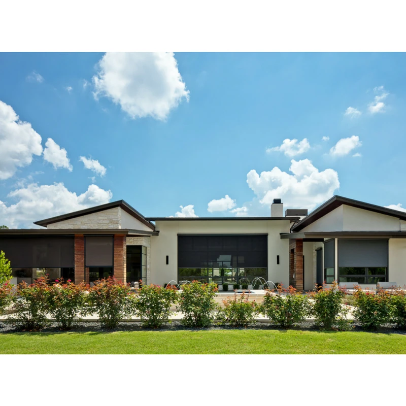 Exterior shot of an Austin, Texas home with outdoor privacy screens on every window.