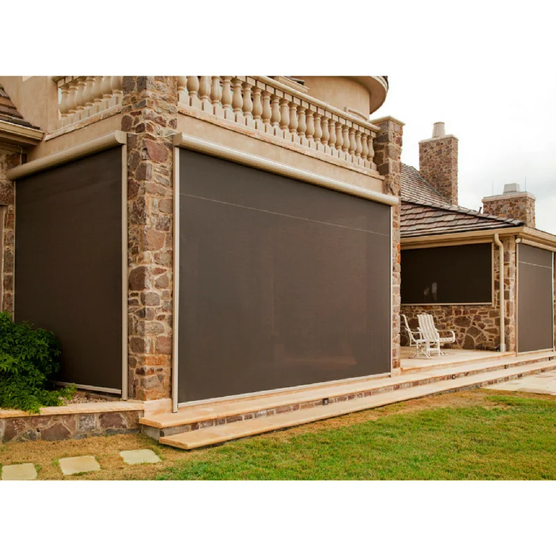 Fully lowered custom privacy screens seen from the outside.