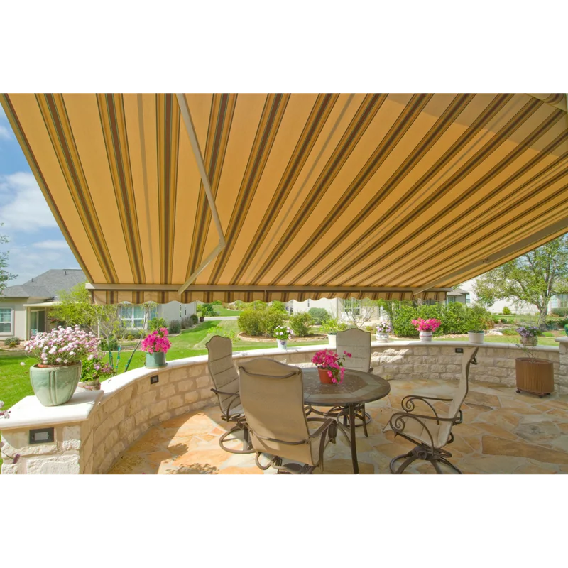 Custom exterior angled patio shade installed over an outdoor living space in Austin.