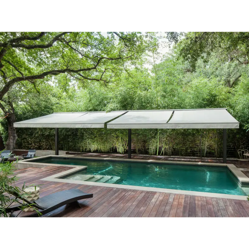 Exterior patio shading solution, custom-built to protect a pool area from heat and sun.