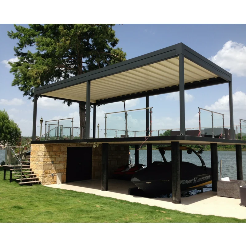 Luxurious roof structure installed on the second story of a boat dock.