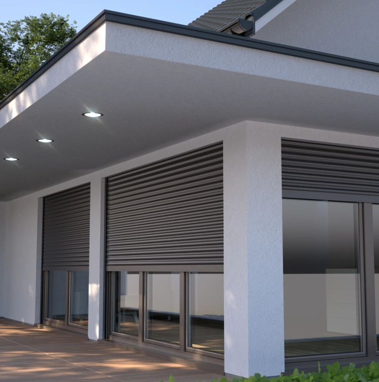 Black, custom-built rolling shutters installed on the exterior of an Austin home.