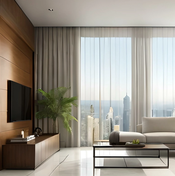 Floor-to-ceiling windows in an Austin living room with a motorized drapery track system.