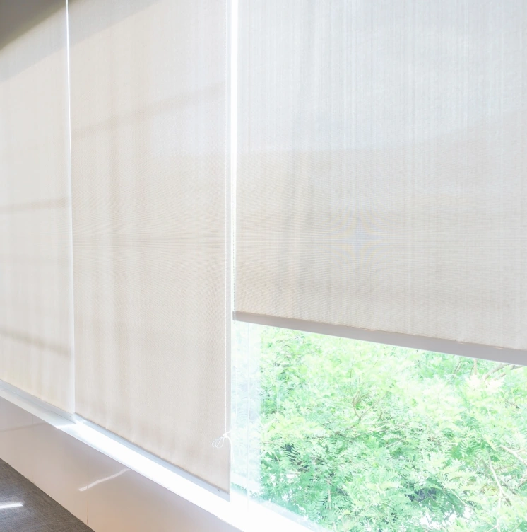 Off-white interior privacy shades installed on the second story of an Austin home.